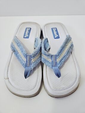Vintage Y2K Sketchers Terry Cloth Flip Flops Size 8.5 Blue Fuzzy 90s